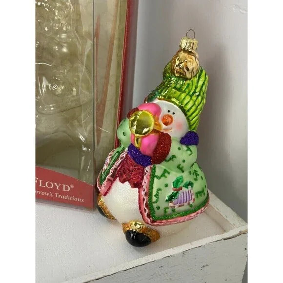 Vintage Fitz And Floyd Large 7 Inch Glass Christmas Ornament Snowman Horn Rck - Picture 7 of 11